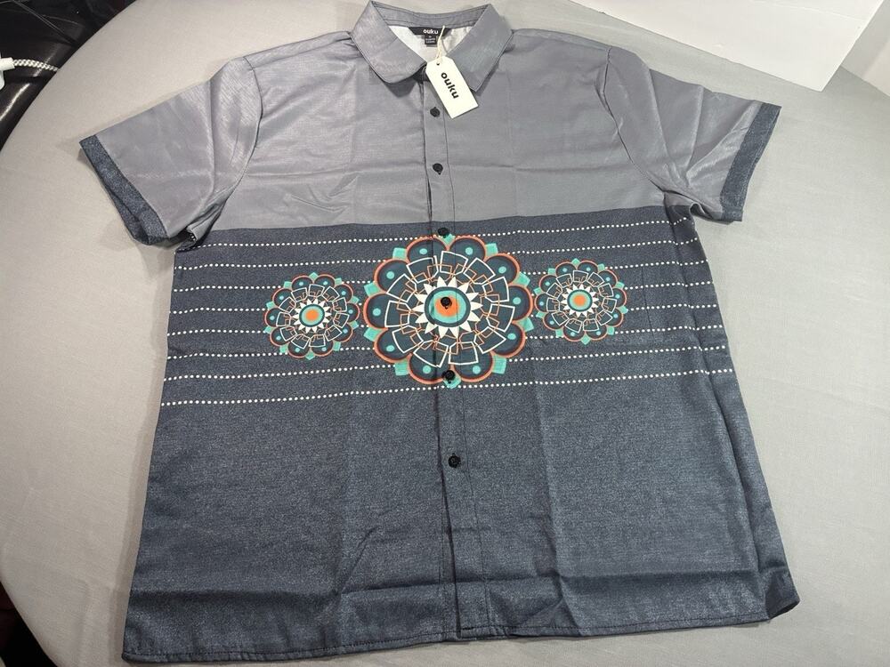 Ouku Men's XL Aztec Geometric Print Button Up Shirt Gray NWT Surf Skatewear